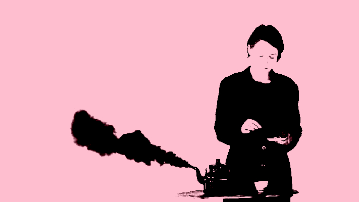 This image depicts a person standing next to a teapot spewing black smoke, sprinkling a pinch of something taken from a saucer into a tea cup. The lighting creates a sharp shadow in the background.
