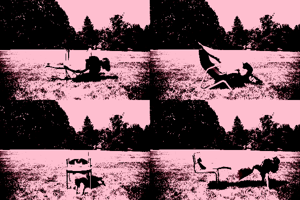 This image is a photomontage containing four images, each one depicts the same person positioned in an odd way on a chair. The chairs are all different, but installed in the same location; a lush freshly-cut green meadow.