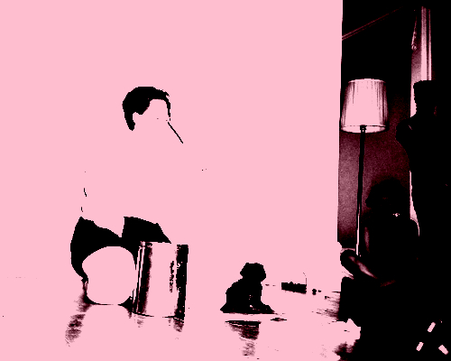This image depicts a person kneeling in front of a metal pot in an empty room of an apartment, stroking her bangs with her left hand. A wet black papier mach&eacute; puppy sits next to her on a cardboard box and, in the background, a standing lamp completes the decor.