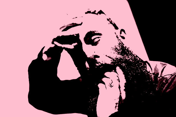 This image depicts a person with bright green hair wearing a black shirt who is taking his face in both hands, manually contorting and transforming it. His rolled-back eyes punctuate the grimace of a bearded man.